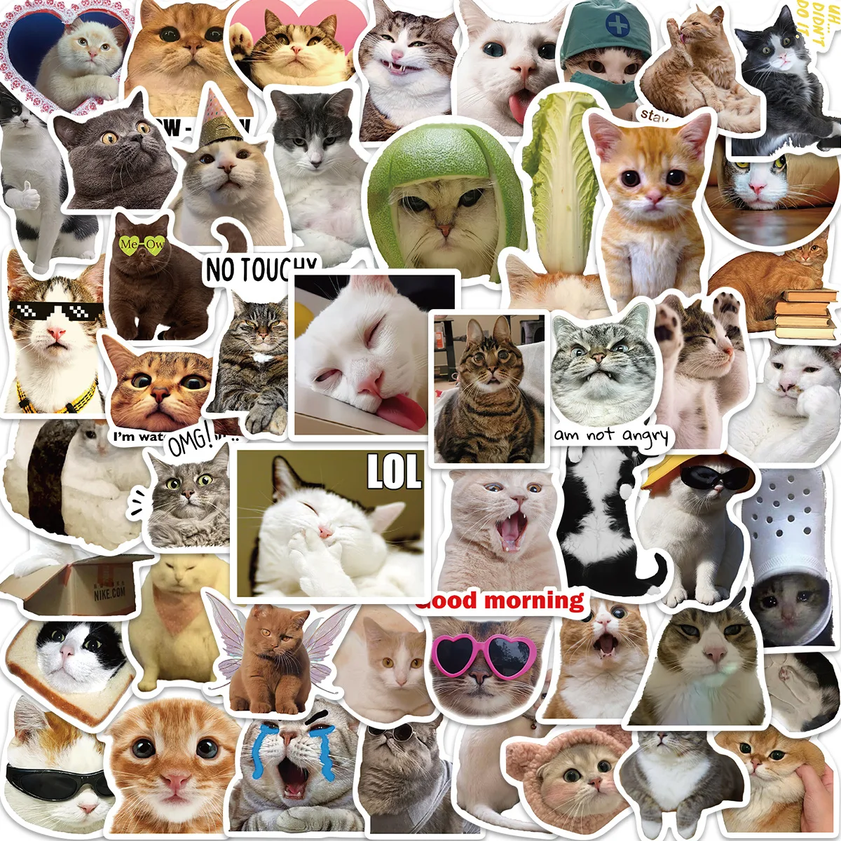 Cute Pet Stickers Kawaii Funny Cat Meme Decals Vinyl Waterproof Stickers Water Bottle Laptop Bumper Phone Guitar 50pcs