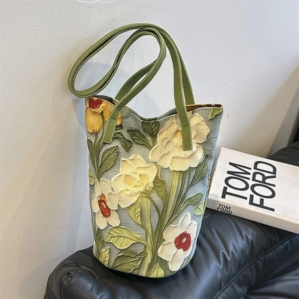 Women's Large Capacity Summer Floral Oxford Bucket Bag Casual Fashionable Shoulder Bag with Oil Painting Flower Design Handbag