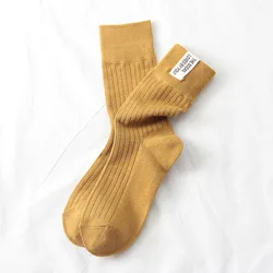 Premium Cotton Knitted Women's Retro Crew Socks - Solid Colors - EUR 34 - 39 (Ginger Yeloow)
