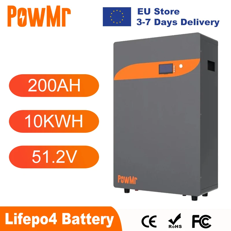 Powmr 10Kwh 200Ah 48V Powerwall Lifepo4 Batteria Batteria Al Litio 6000 + Cicli Bms Rs485 Rs232 Comunicazione Can Per Sistema Solare