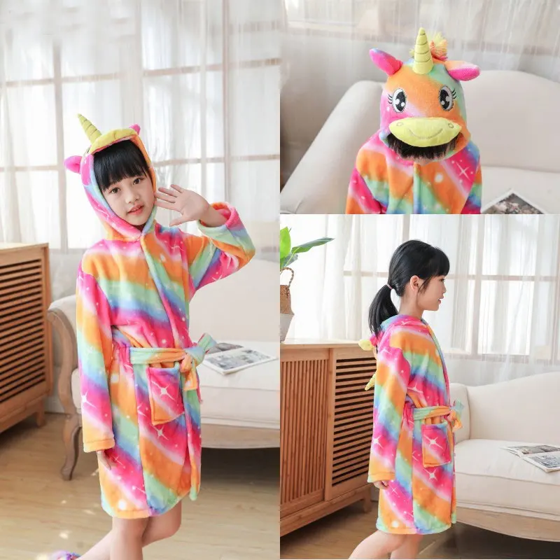 Autumn Winter Kids Sleepwear Kigurumi Unicorn Robe Flannel Warm Bathrobe For Girls 4-12 Years Teenagers Children Pajamas For Boy