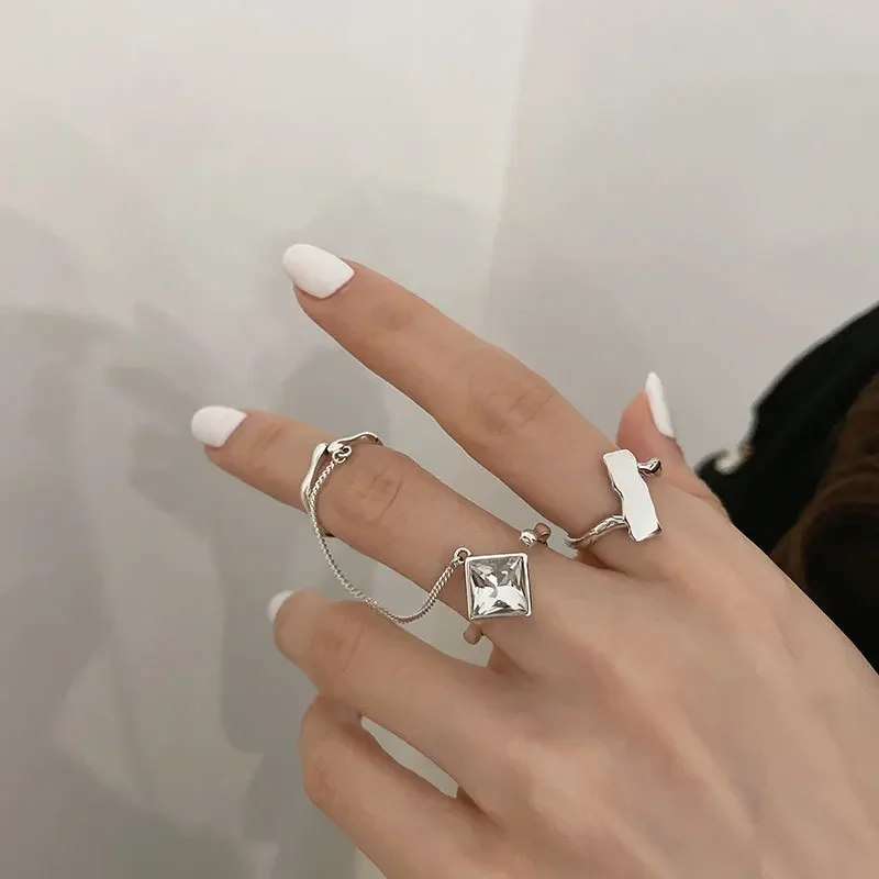 

925 Sterling Silver Rings for Women White Zircon Tassel Chain Accessories INS Fashion Creative Irregular Geometric Party Jewelry