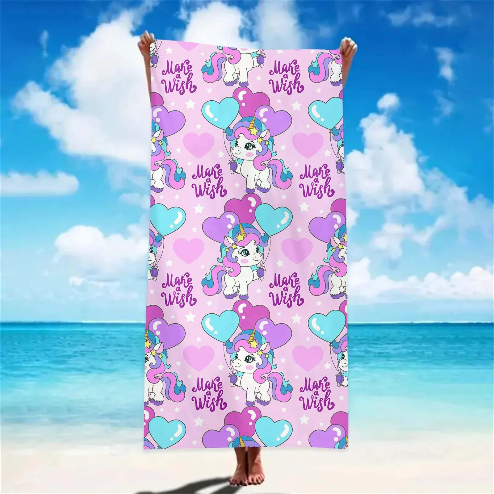 Name Benutzerdefiniertes Cartoon-Strandtuch Niedliches Einhorn Weiche Mikrofaser Reise-Camp-Handtuch Saugfähiges, schnell trocknendes Badetuch Geschenk für Mädchen – Detail 8