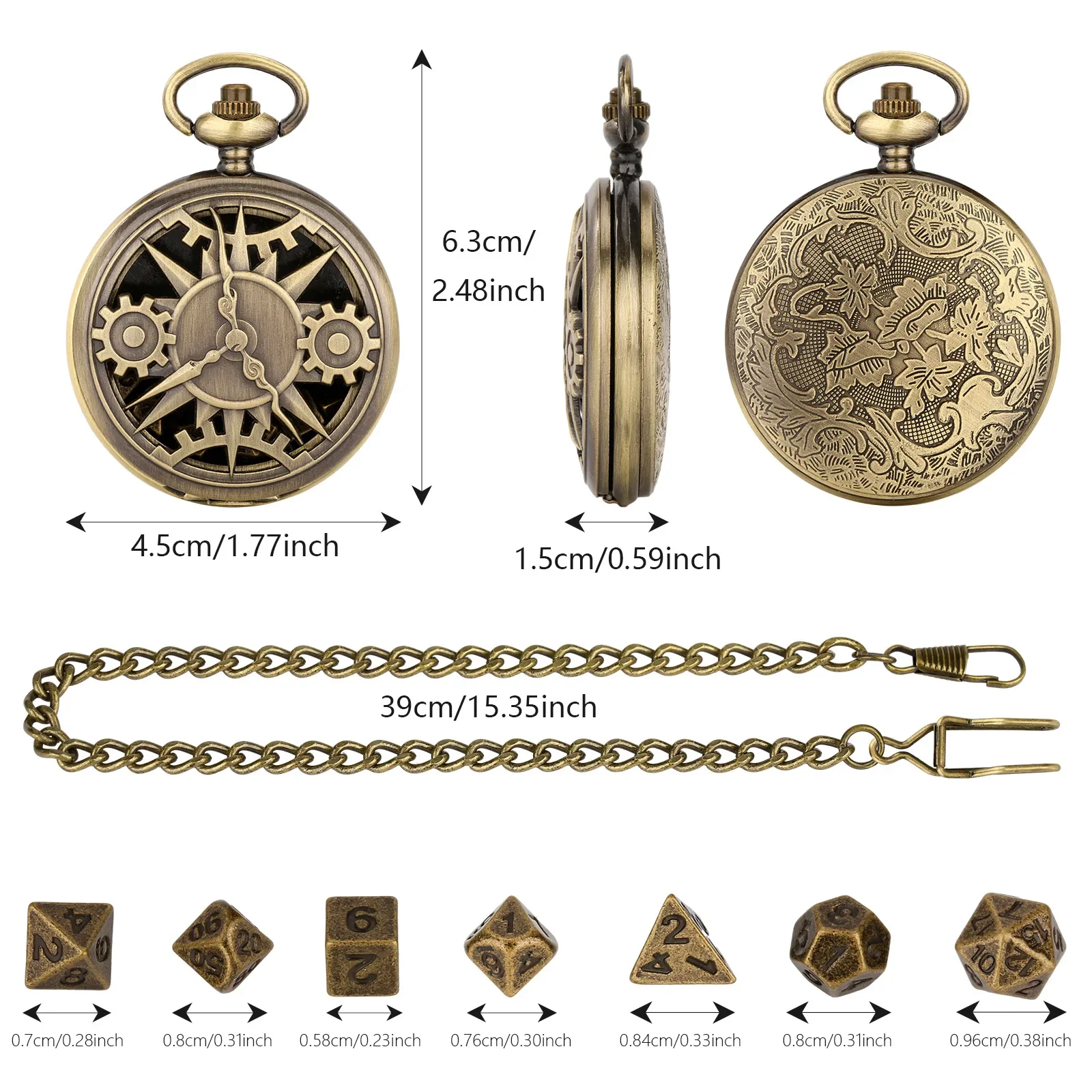 Retro Hollow Gear Pocket Watch Case with DND Dice Thick Waist Chains Jewelry Accessories Gifts