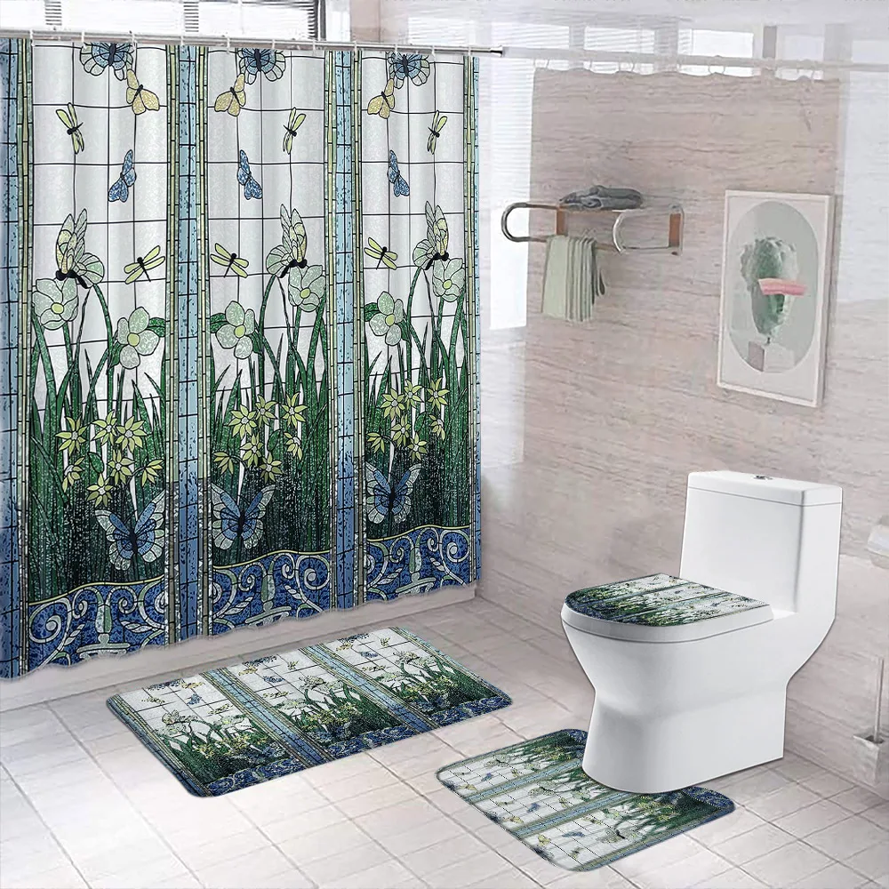 Stained Glass Meadow Flower Dragonfly Print Polyester Fabric Shower Curtain Home Hotel Apartment Bathroom Bath Curtain Carpet