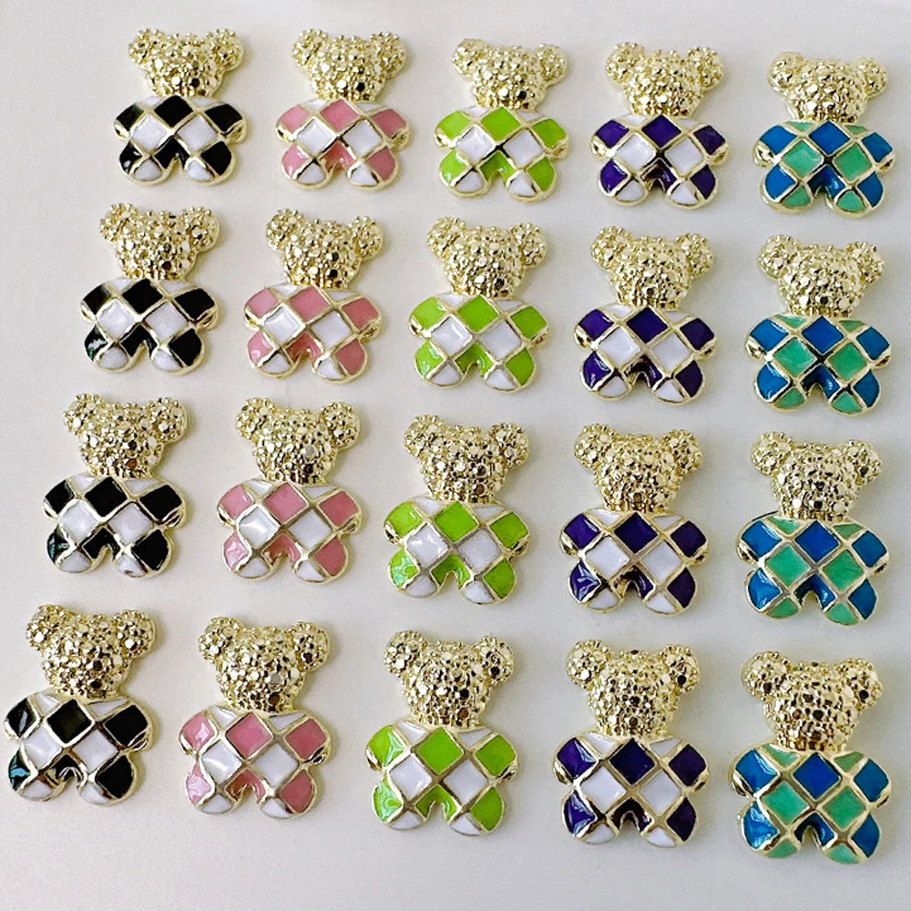 

10pcs Plaid Bear Nail Decoration 3D Alloy Black Pink Blue Colorful Check Bear Nail Jewelry Accessories Luxury Nail Art Design