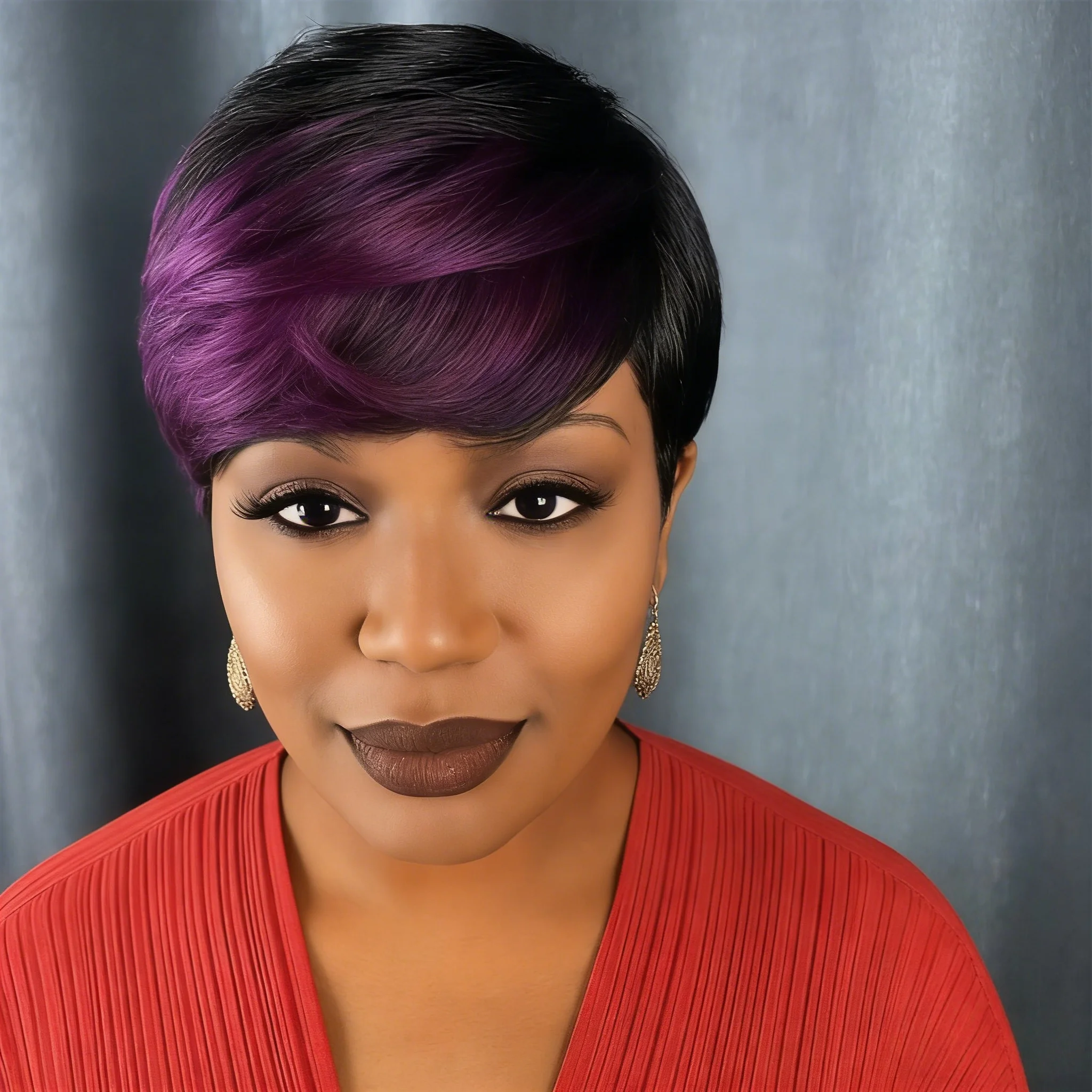 픽시컷 인모 가발 퍼플 믹스 블랙 픽시컷 스트레이트 레이어드 헤어 내추럴 룩 가발 풀 머신메이드 가발 ?