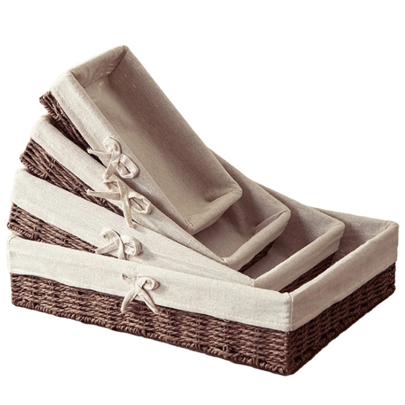 

Rustic Wicker Fruit Bread Storage Basket Vintage Faux Rattan Woven Rectangular Bins Sweet Bowknot Farmhouse Desktop Sundries