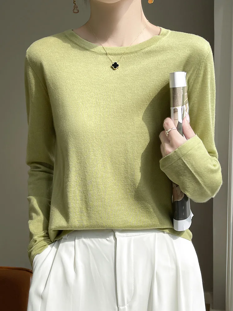 

Spring and summer new simple top long sleeve women's O-neck knitted sweater 100% pure merino wool pullover clothing sweater