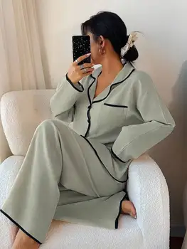 Womens Contrast Trim Lapel Loose Long Sleeve Pajama Set Light Green Sleepwear Lounge Wear 1