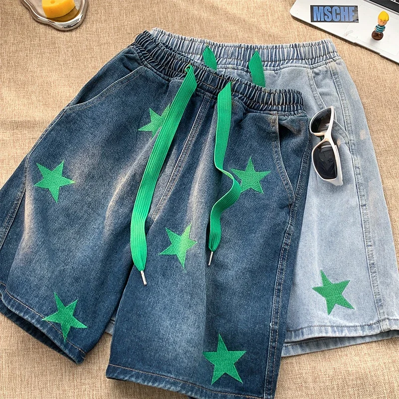 Star Patchwork Blue Color Jeans Summer Men Denim Shorts Trendy Streetwear Five-point Pants Straight Jeans Shorts