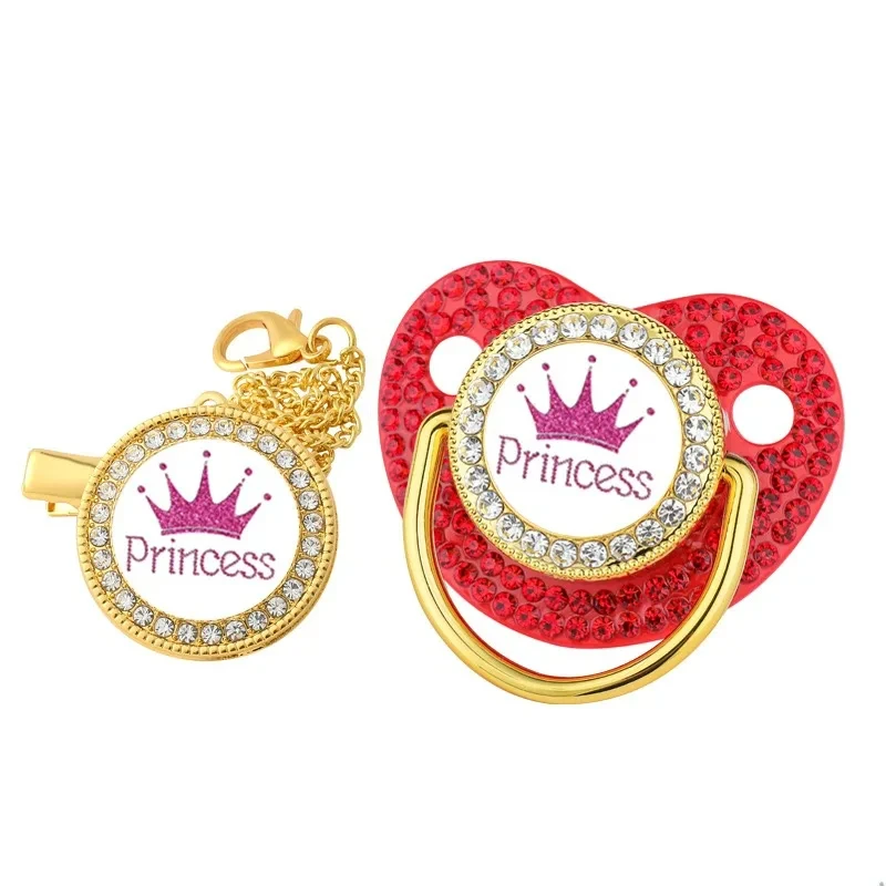 All Zircon Baby Pacifier Chain Clips Set Gold Crown Princess Prince Pacifiers Holder Silicone Nipple Luxury Infant Shower Gifts 4