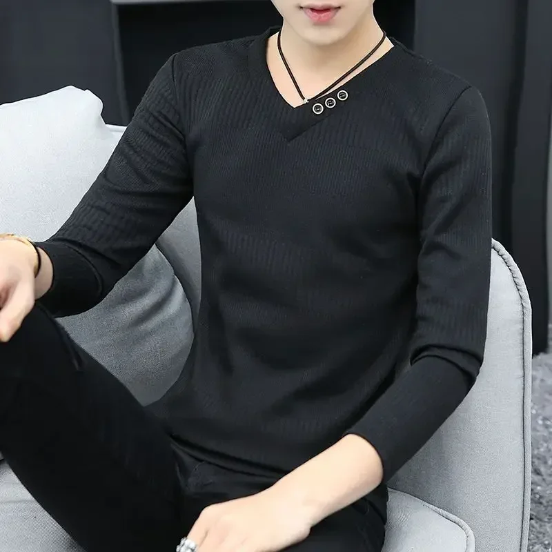 thumbnail image 1 of Suéter de punto de color sólido para hombre, jersey de negocios negro, ropa de hombre blanca lisa, sudadera con cuello en V, cálida, informal, tendencia 2024 XT, 1 of 5
