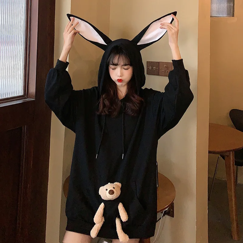 Loose Mid-length Long Sleeve Cotton Hooded Pullover Female Winter Fall  Bunny Ears Cute Bear Hoodies Harajuku Women Jumper candy color female denim shorts 2023 new summer high waist hot drilling a line wide leg jeans diamonds bunny casual hot shorts