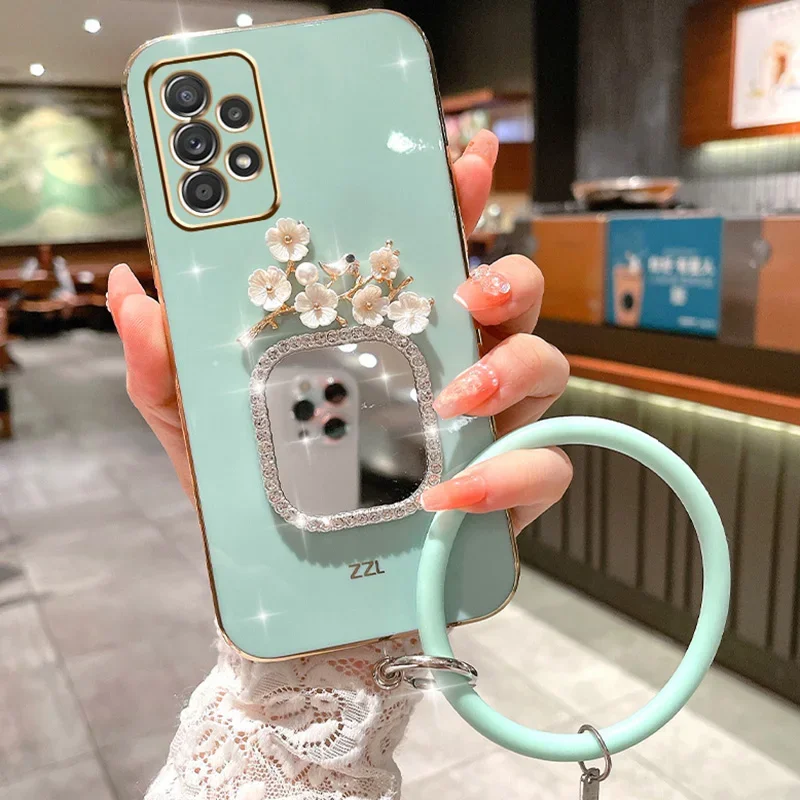 Plating Bracelet Case For Samsung A34 A54 A53 A32 A33 A22 A13 4G 5G A12 A73 A25 A31 A21S A14 Plum Flower Square Mirror_voghion.com