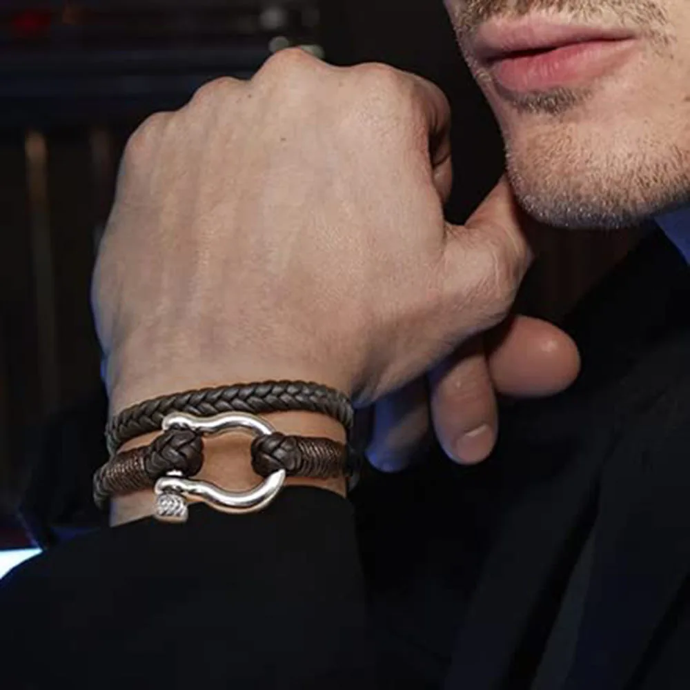 Leather Bracelet Kirykle Nautical Bracelets For Men Multilayer Leather Bracelets with Stainless Steel Anchor Shackle Handmade Ideal Gift For Dad