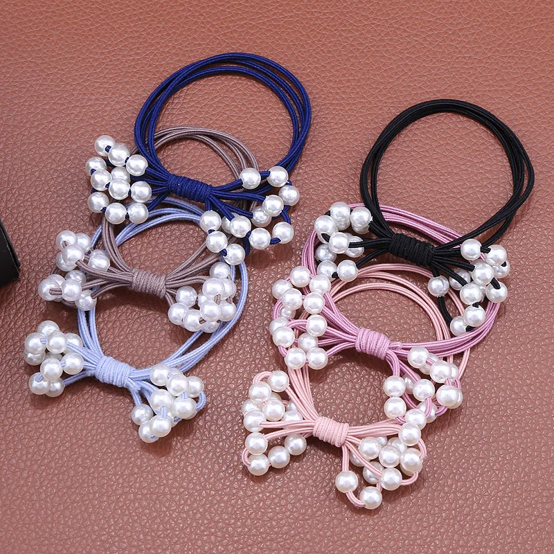 

Korean White Pearl bouquet hair rope knotted head rope woven simple leather band macarone seamless hair circle headdress 10pcs