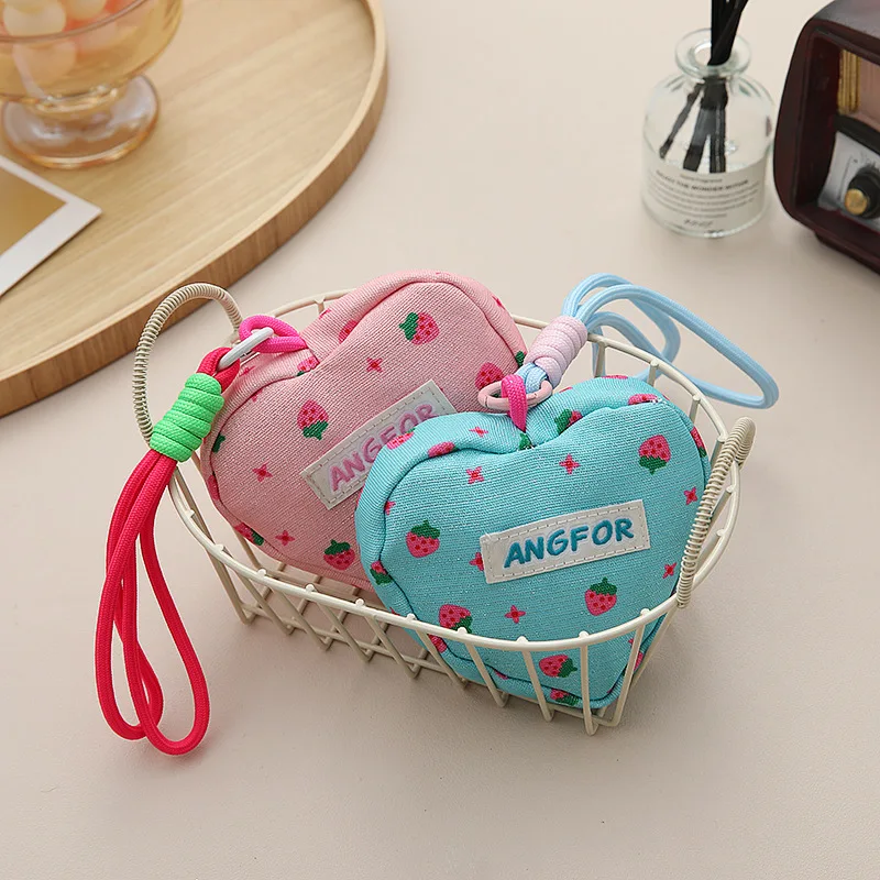 Pink Strawberry Heart-Shaped Coin Purse Fashion Women'S Wallet Cute Mini Wristlet Bag Handbag Pendant Gift For Girl Women