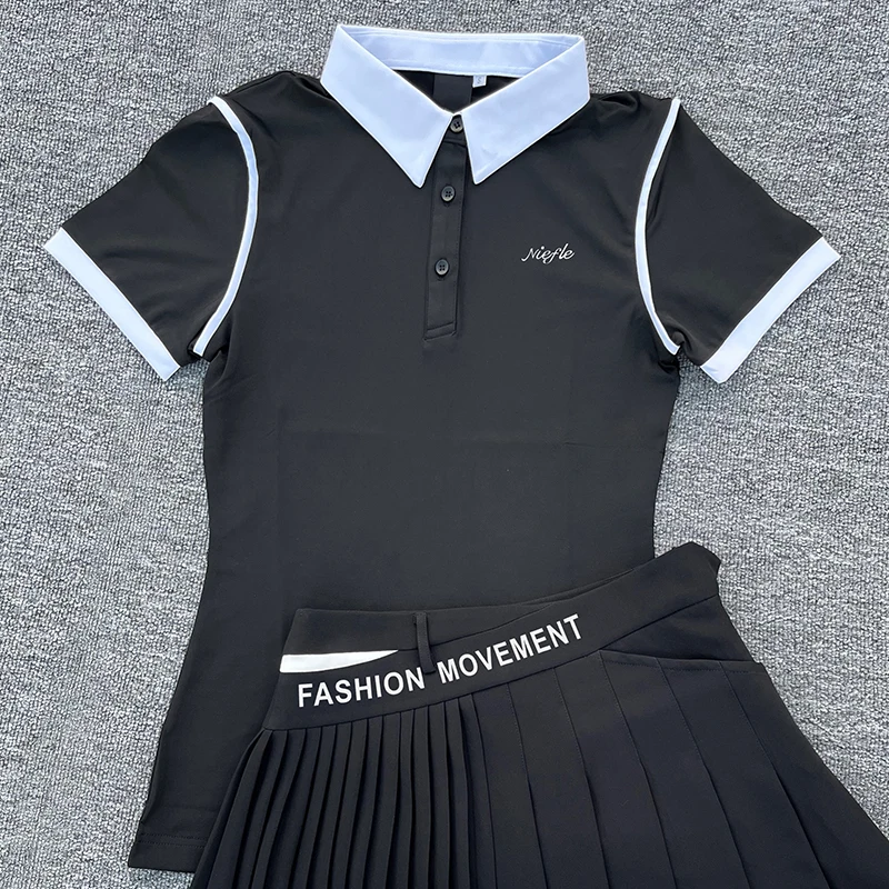 Golf Women's Autumn New Short Sleeved Top, Quick Drying and Slimming Fashion, High-quality Short Skirt, Outdoor Leisure Sports
