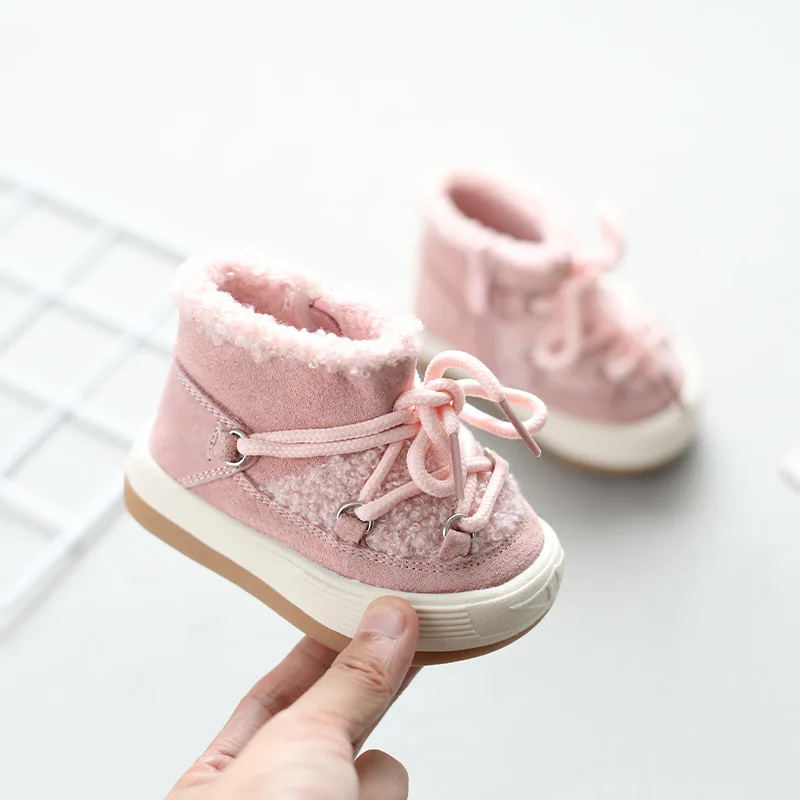 

Girls baby walking shoes winter new high top boys snow boots plus velvet warm plush rubber soles baby fashion toddler boots