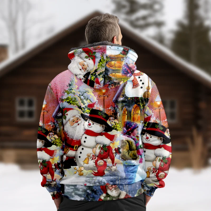 Christmas Cotton Coat Hooded Sweater Casual Print Men's Fur Loop Arctic Velvet Zipper Patch Pocket Hooded Sweater a01