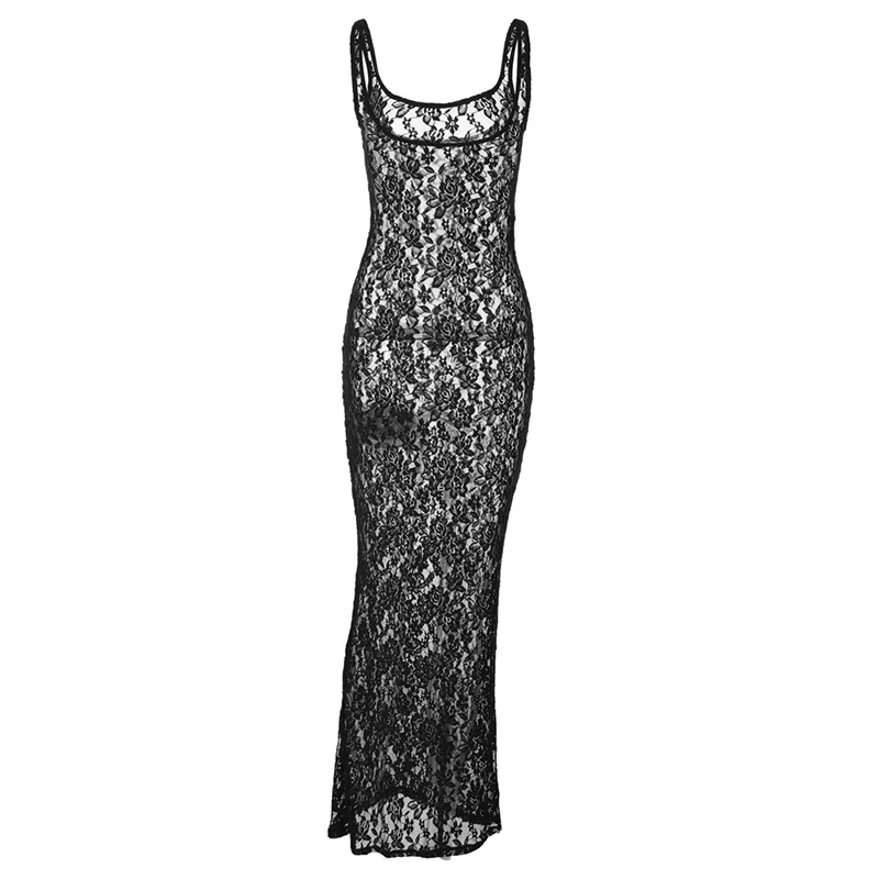 Lace Dresses Women Summer Sheer See Through Spaghetti Strap Sleeveless Bodycon Long Dress Sexy Evening Party Dresses