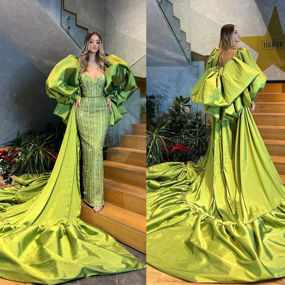 

Chic Mermaid Prom Dress Lace Sequined Beading Evening Gowns V Neck Puffy Sleeves Party Dresses Custom Made