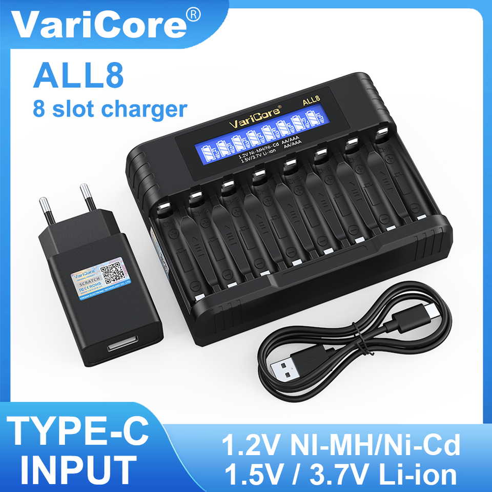 VariCore ALL8 ALL4 USB Type-C For 1.2V Ni-MH AA/AAA 1.5V Li ion AA/AAA 3.7V Li ion14500/10440 LCD Smart Battery charger