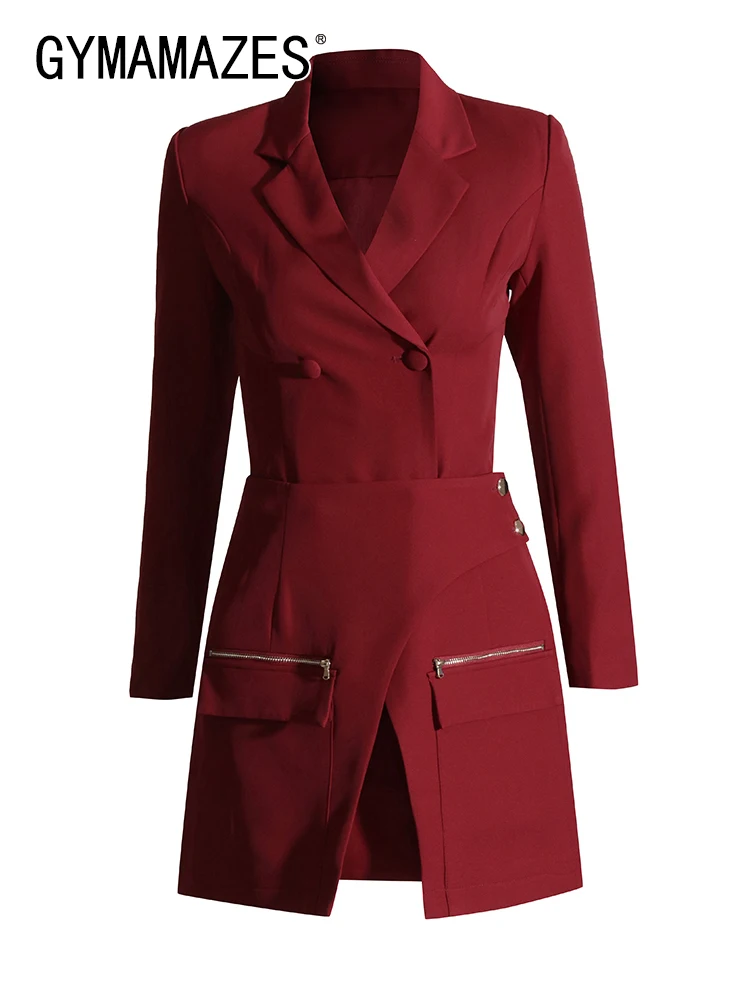 

GYMAMAZES Solid Elegant Two Piece Sets For Women Notched Long Sleeve Blazer High Waist Split Skirt Temperatment Set Female New