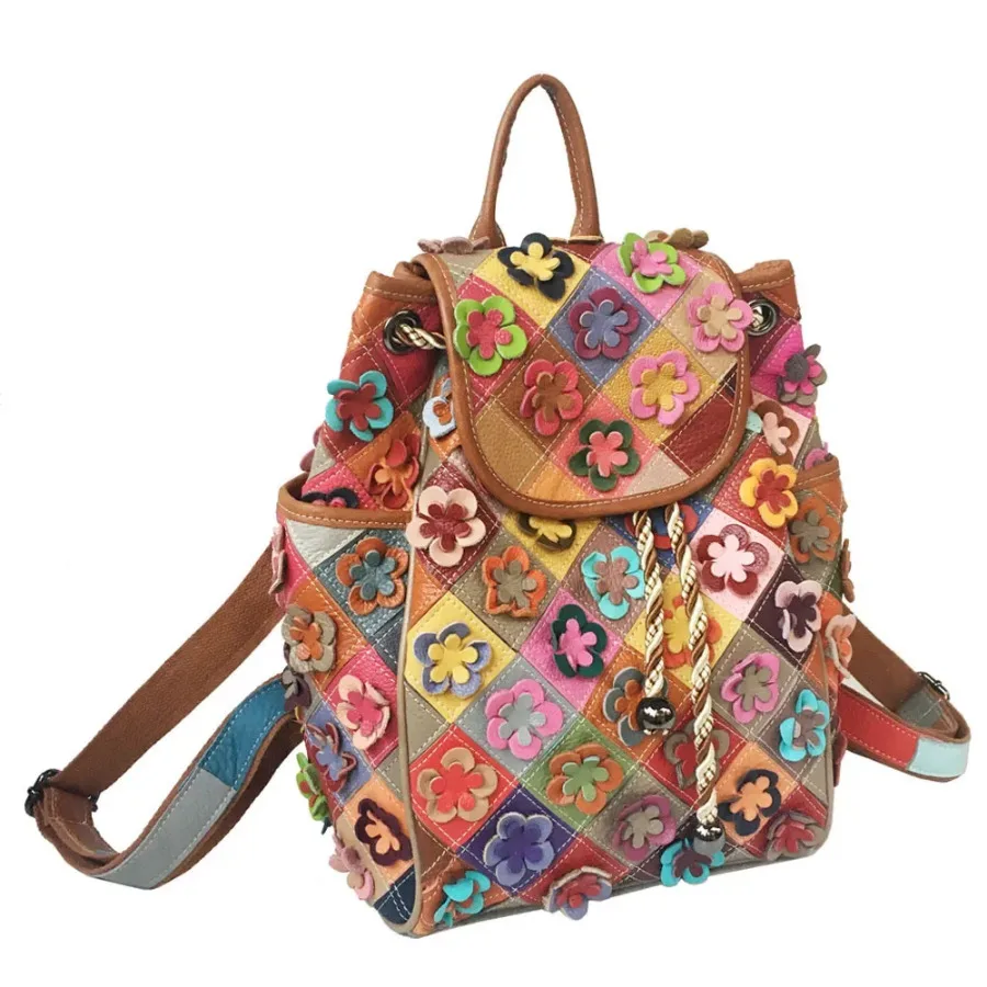 Fashion Genuine Leather Women Backpack Multicolour Flower High Quality Real Cowhide Girl Backpacks Travel Female Tote Daypack 2