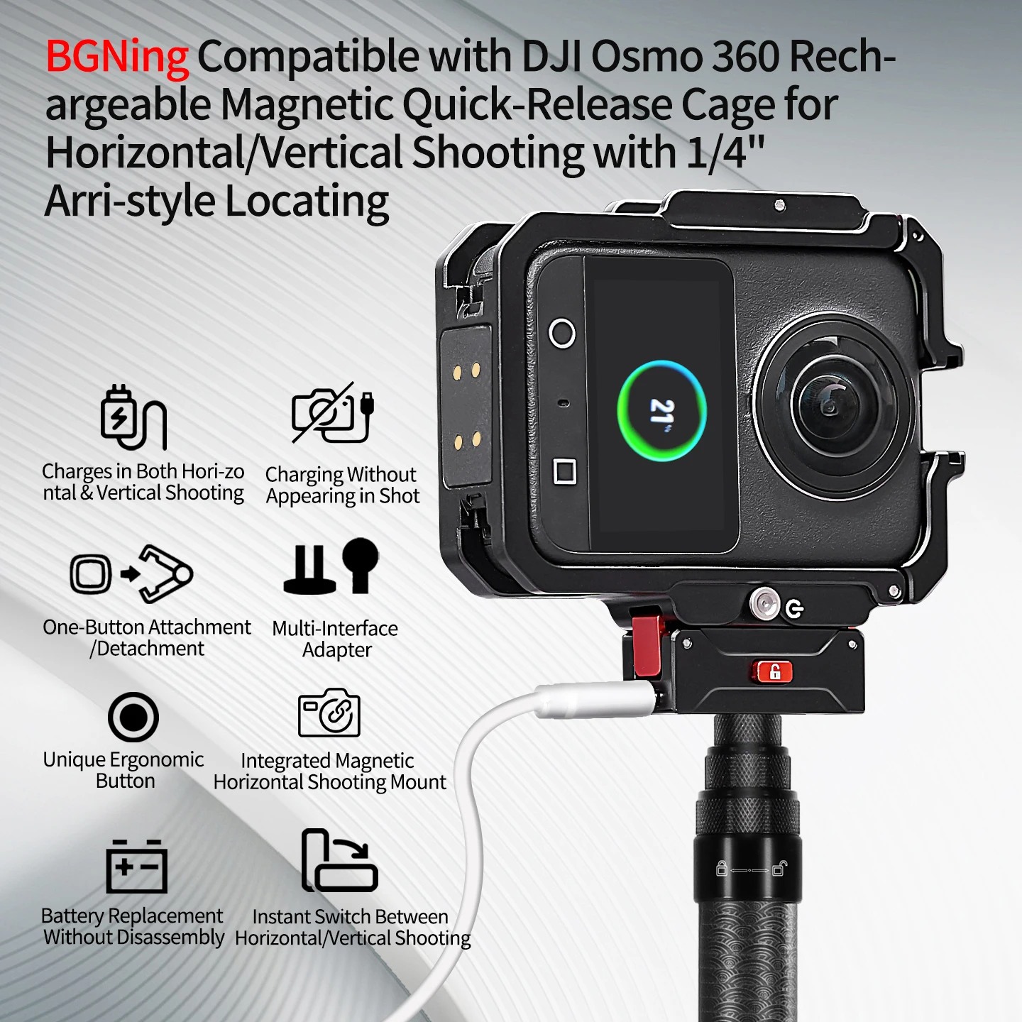 Metallgehäuse für DJI Osmo 360 Panorama-Kamera, Vlog, stoßfester Rahmen, Schnellverschluss, magnetische Basis, Stativhalterung, Cold Shoe 1/4 Mount – Detail 1