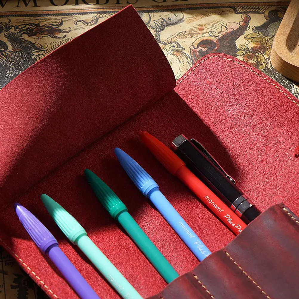 수제 빈티지 짙은 빨간색 펜 파우치 롤 펜 케이스 연필 가방 홀더 (만년필, 볼펜용)