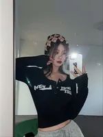 Femmes Sexy mince haut court rétro Graffiti imprimé élastique t-shirt côtelé à manches longues haut col en o Grunge t-shirt hauts 6