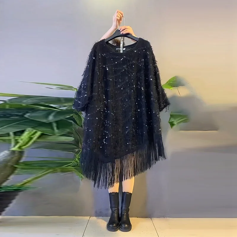 

European Version Loose Fitting Mid Length Sequin Sweater 2024 Spring New Tassel Dress Round Neck Fashionable Pullover Dress