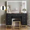 Large Black Makeup Vanity Desk Set with LED Mirror & Charger Station, Glass Top Vanity with 9 Drawers and Adjustable 3
