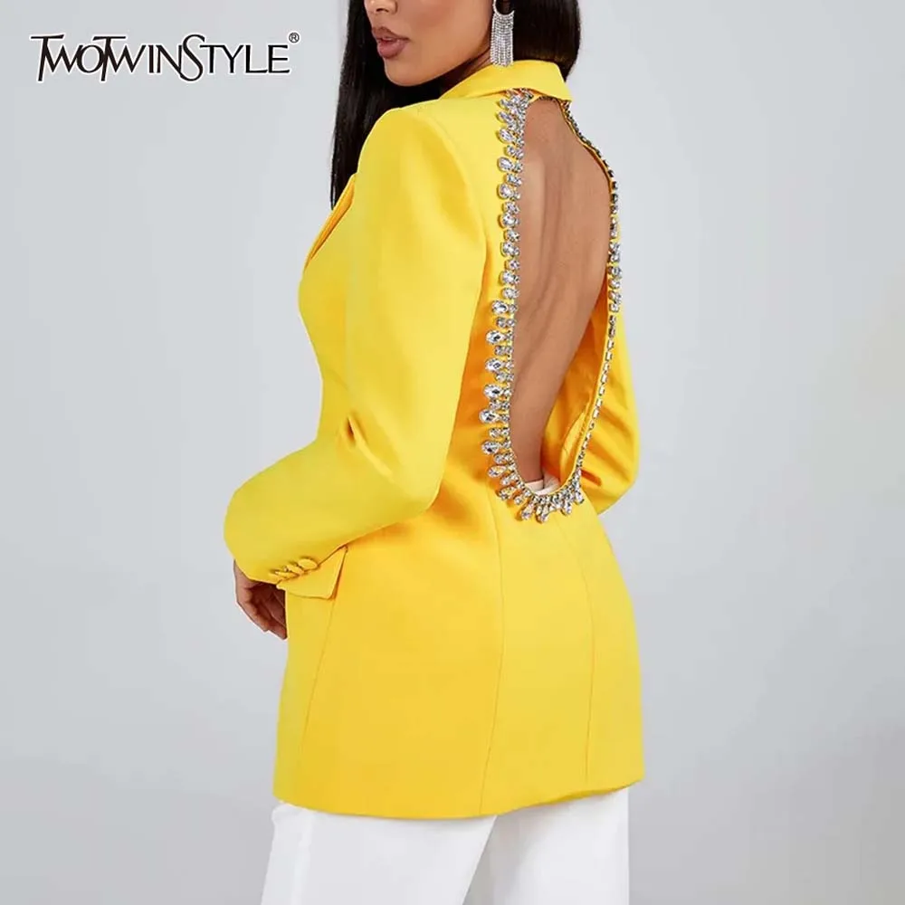 

TWOTWINSTYLE Solid Spliced Diamond Blazers For Women Notched Collar Long Sleeve Backless Patchwork Button Designer Blazer Female