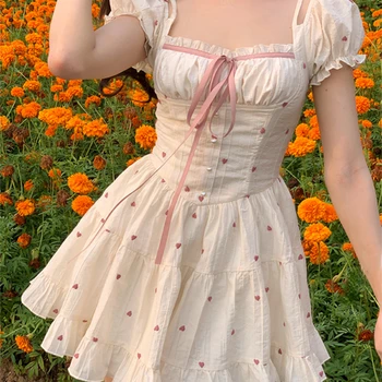 2023 Summer Floral Short Party Dress Women Casual Kawaii Clothing Y2k Mini Dress Office Lady Elegant One Piece Dress Korean Chic