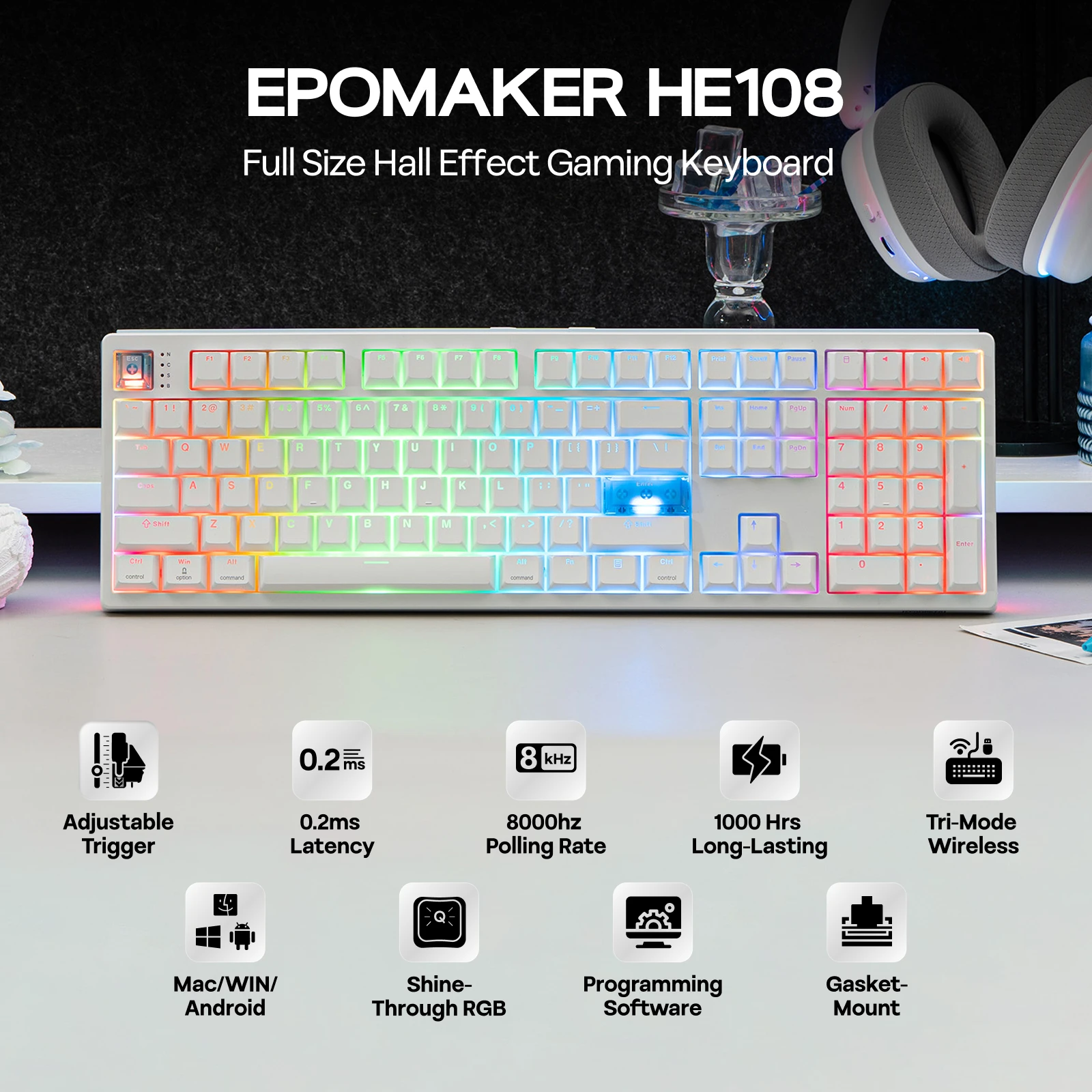 EPOMAKER HE108 풀사이즈 ANSI US QWERTY 레이아웃 트리모드 무선 홀 이펙트 게이밍 키보드 128K 스캔 속도 및 10000mAh 배터리