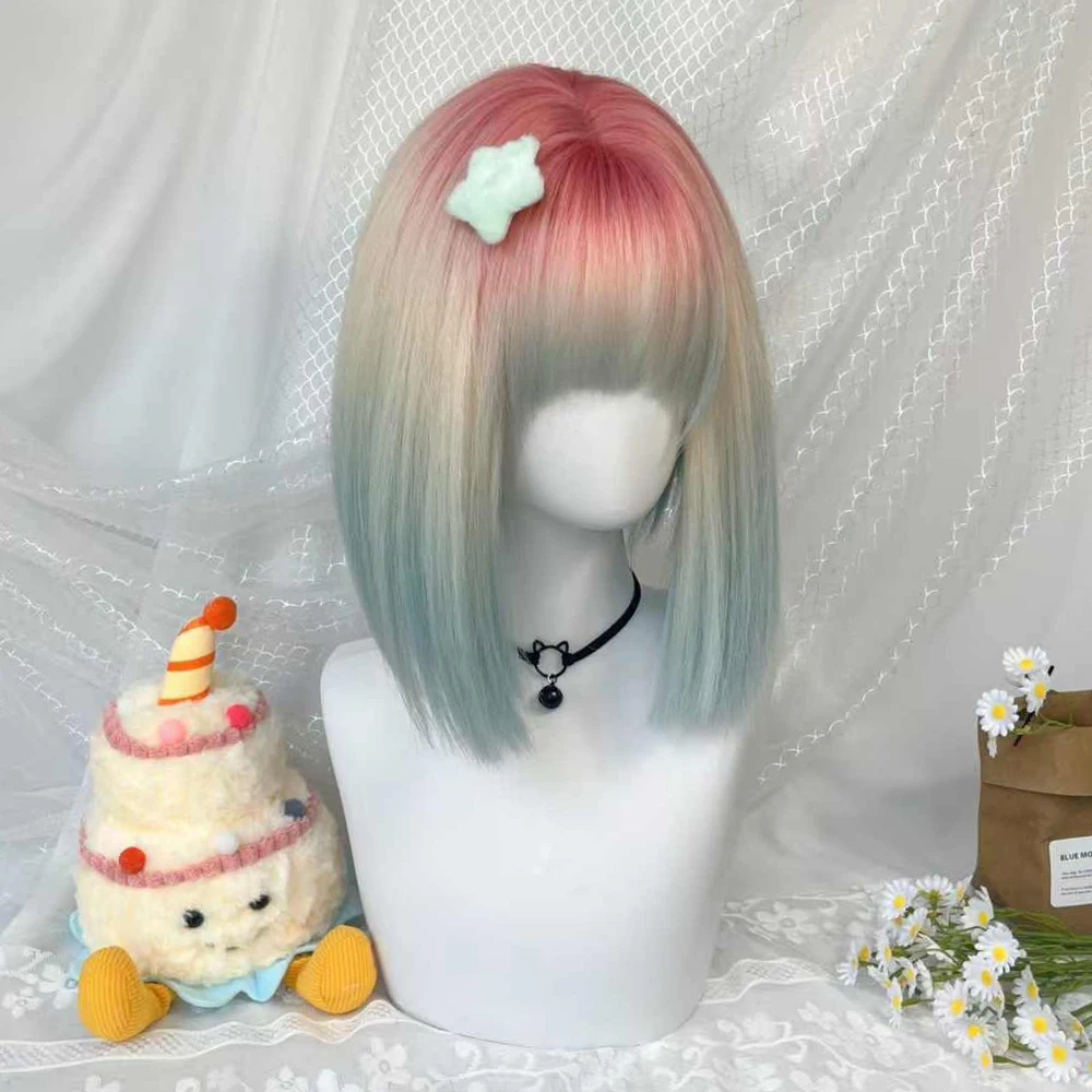 Synthetic Hair Bobo Wig for Women with Bangs and Gradient Highlights