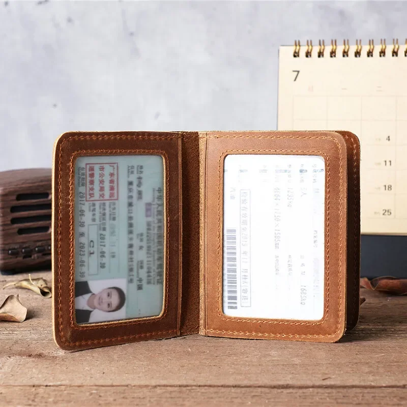 Crazy Horse Leather Mens First Layer Cowhide Credit Card Holder Wallet Short Drivers License 5 Transparent Windows ID Card Cases