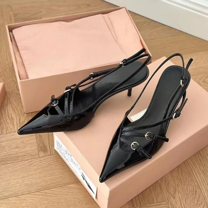 Women Slingback Sandals Women Sandals Sexy Slingbacks Narrow Band Buckle Strap Pumps Women Pointed Toe Thin Heels Wedding Party Sandals Mule Shoes