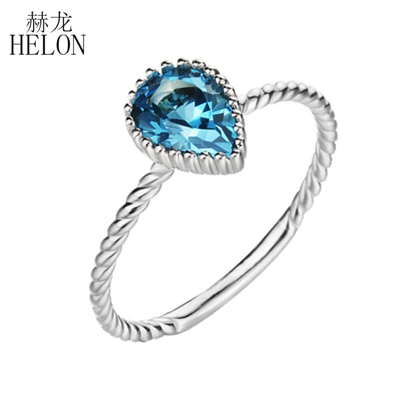 

HELON Solid 14k 10k White Gold Flawless Pear 5x7mm Genuine Blue Topaz Engagement Wedding Ring Women Gift Party Fine Jewelry