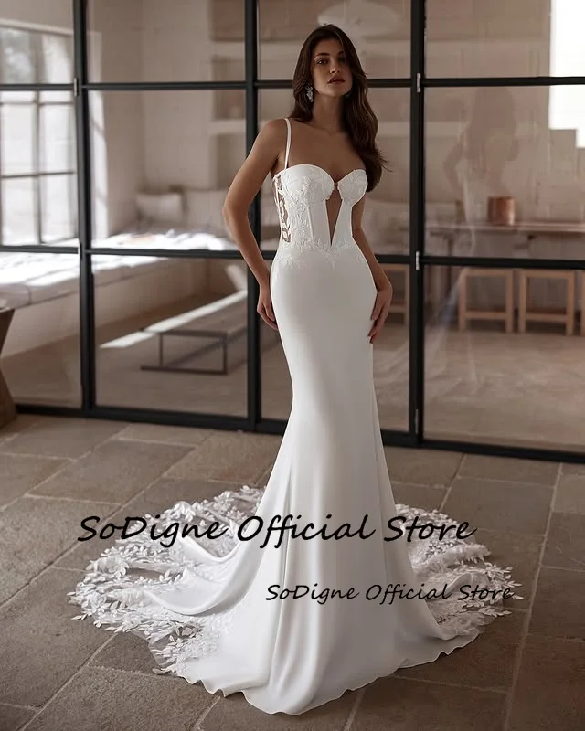 SoDigne Mermaid Satin Wedding Dress Sweetheart Sleeveless Lace Appliques Bride Dresses Bridal Gowns Robe De Mairee Customized 10 Sd55a6e8b6bb445ed8c4bf814350bf234G