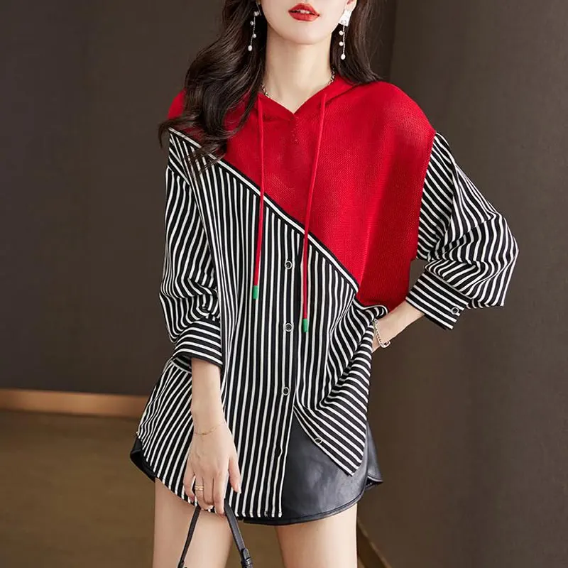 High Street Striped Patchwork Knitted Shirt Female Clothing Hooded Drawstring Spring Autumn Long Sleeve Korean Loose Midi Blouse
