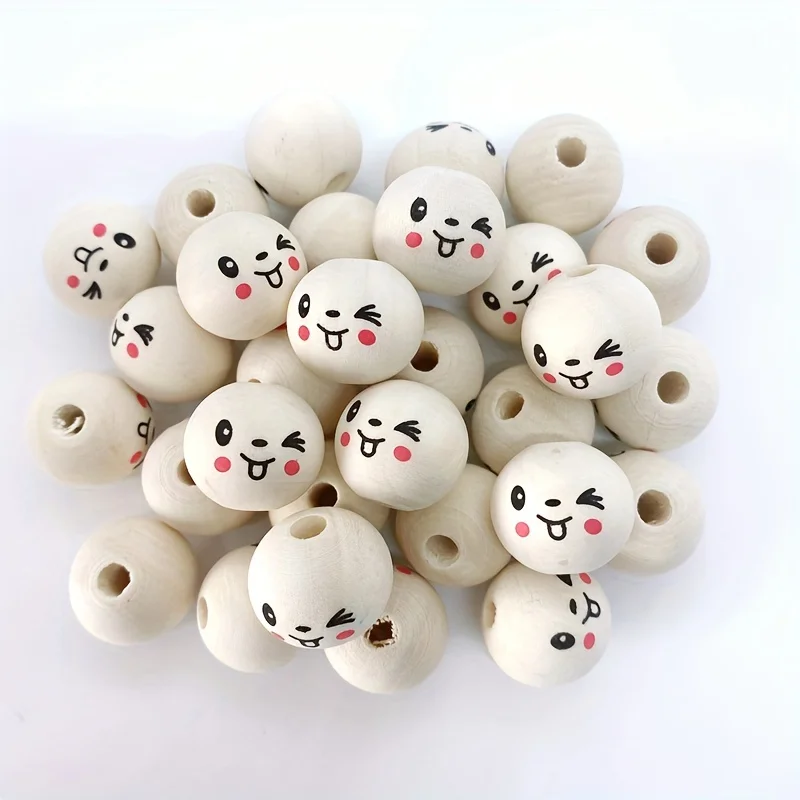 30개 20mm 스마일 우드 비즈 페인팅된 라운드 비즈 천연 목재 비즈 DIY 제작용 스페이서 비즈