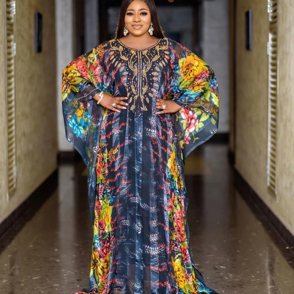 

2024 African Big Swing Dress Chiffon Pressed Drill and Cannon Beads with Elastic Skirt National Costume ML103Q38