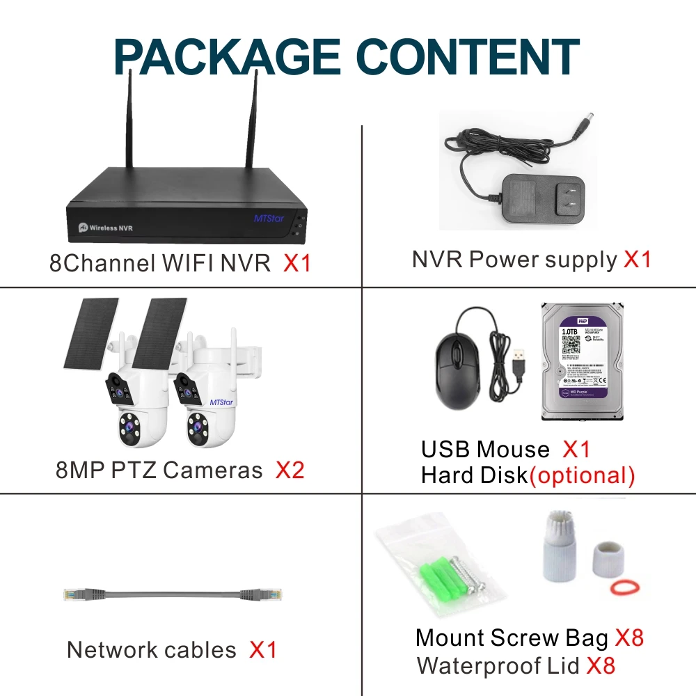 MTStar 2CH 무선 태양 전지 패널 배터리 WIFI 카메라 및 WiFi NVR 비디오 감시 보안 시스템 키트 (HD 모니터 하드 디스크 포함)