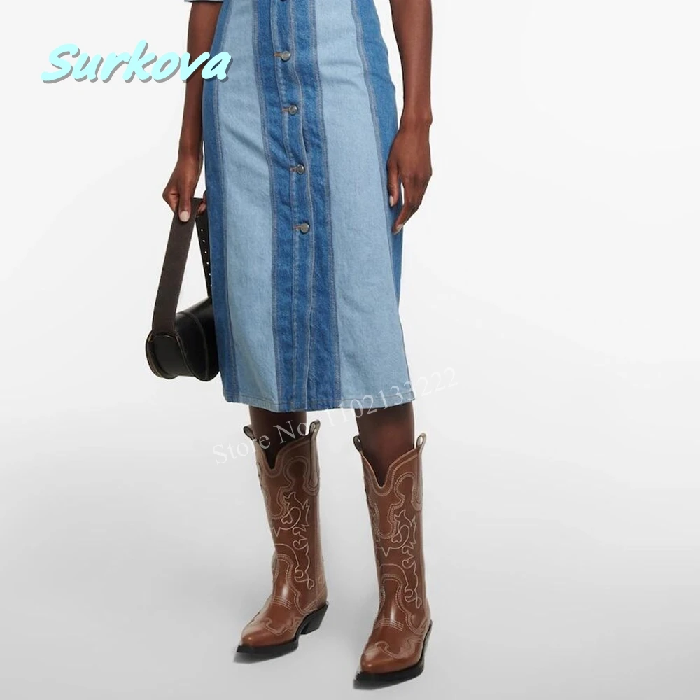 2024 Embroidered Leather Cowboy Boots Pointed Toe Square Low Heel Plus Size Western Boots Fashion Women Shoes Mid Calf Boots