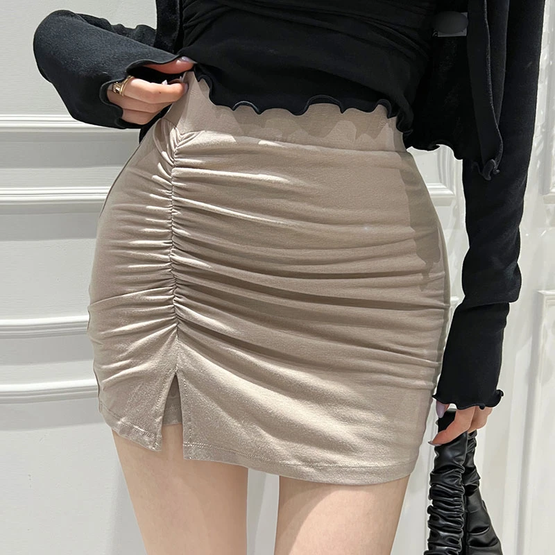 

Slim elastic pleated split hip wrap skirt