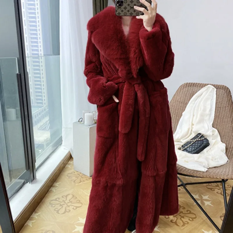 Woman Clothing Faux Fur Coat Winter Long Fur Jacket Fur Collar Oversized Warm Outerwears Sheepskin Coat Thicken Belt Long Sleeve